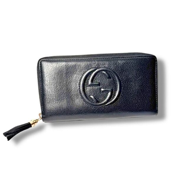 Gucci Soho Interlocking G Tassel Calfskin Leather Zip Around Long Wallet Black - Picture 1 of 8